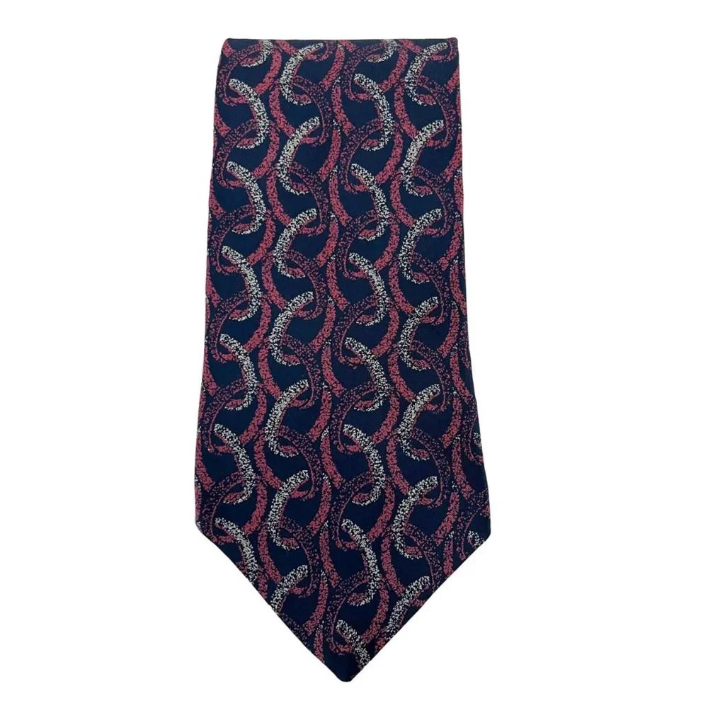Vintage Oscar de la Renta Navy Blue & Pink Artsy Print Silk Tie Chain Link Print